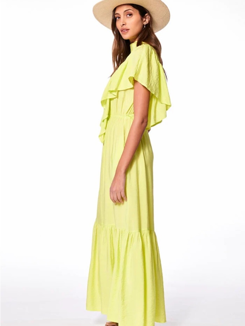 Young Fabulous & Broke Cruz Maxi Dress Womens M Yellow Flutter Sleeve Ruffle